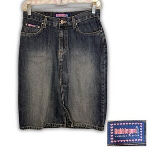 Vintage Y2K Bubblegum Denim Skirt Blue Washed Midi Length Button Fly Women S